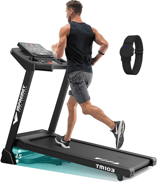 Impremey Foldable Treadmill with Incline 15 Levels for Home Exercise, Smart Heart Rate Control Walking or Running with Pulse Monitor Armband, Big Led Screen, 10 Mph, 350 lbs Capacity