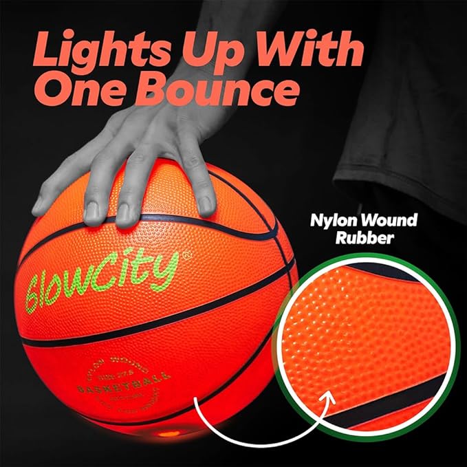 GlowCity Glow in The Dark Basketball - Sizes 5, 6, 7 Light Up Ball for Kids, Teens & Adults - Red Glow for Outdoor Games - Sports Birthday Gifts Ideas for Boys Ages 6 7 8 9 10 11 12 13 14