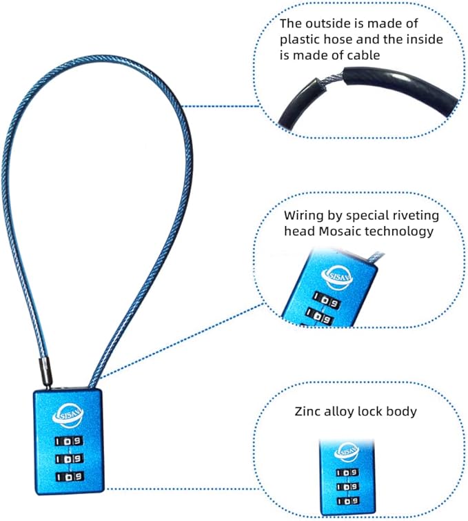 3 Digit Cable Combination Lock 20 inches Cable for School Gym Locker,Filing Cabinets,Helmet,Toolbox,Luggage Suitcase,knapsack,Blue 2Pack