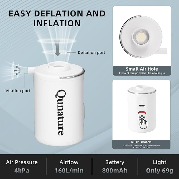Portable Air Pump for Inflatables, 4KPa Mini Electric Rechargeable Pump, Quickly Inflate Deflate for Pool Floats, Swimming Rings, Air Mattress, Sleeping Pads, Vacuum Storage Bags 800mAh