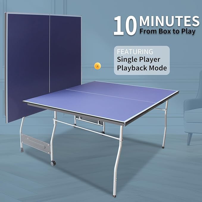 Professional Table Tennis Table, Foldable Ping Pong Game Set for Indoor, 8FT 9FT Single Player Playback Mode Ping Pong Table with Net and Post Set, 2 Paddles and 3 Balls