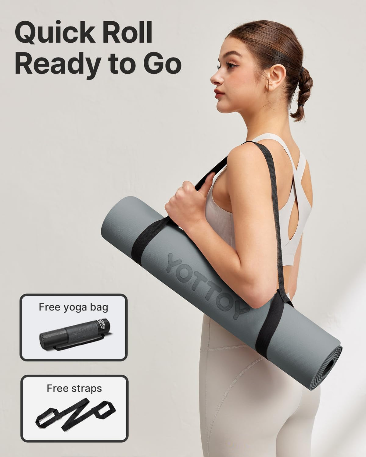 YOTTOY Yoga Mat, Non-Slip TPE Exercise Mat (1/4 Inch) for Pilates, Fitness & Barefoot Workouts, Home Gym Studio with Strap & Bag (Grey, 24 * 0.24 Inches)