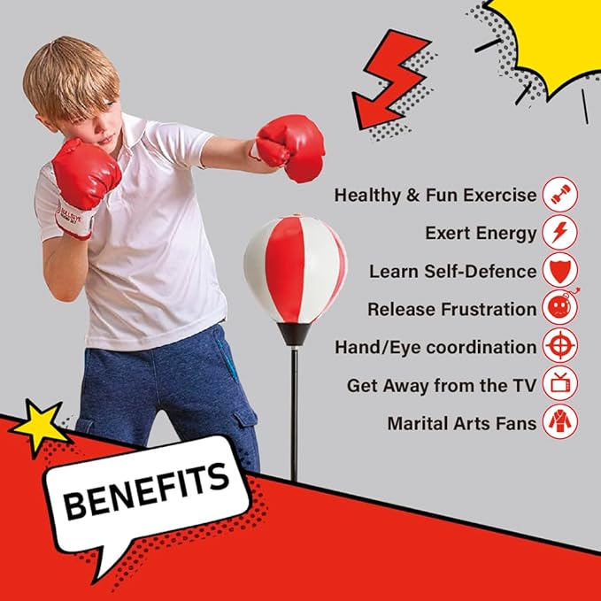 Whoobli Punching Bag for Kids and Toddler Incl Boxing Gloves| 3-10 Years Old Adjustable Kids Punching Bag with Stand| Sports Toy for Boys| Ideal Christmas Birthday Gift for Children