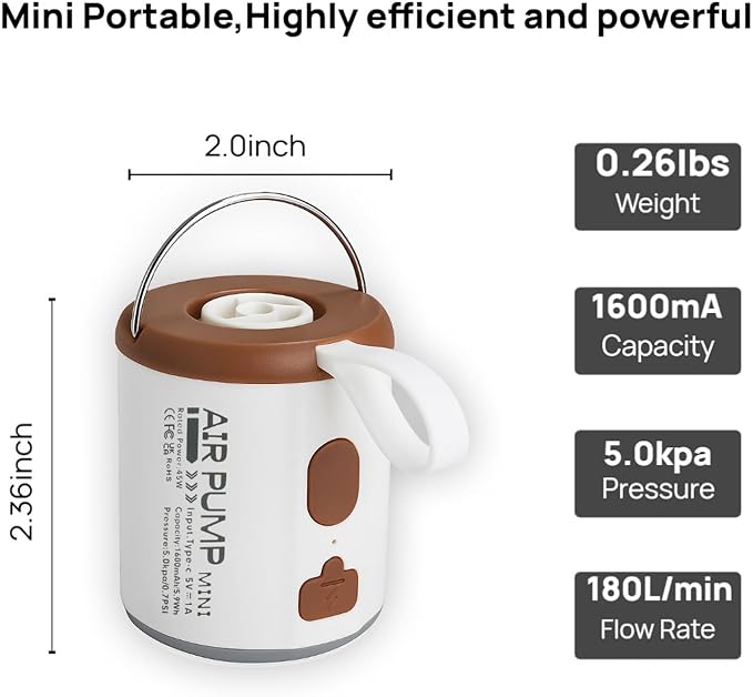 Mini Portable Air Pump for Inflatables - Dual Suction & Inflation, USB Rechargeable, with Camping Light & Multiple Nozzles, Magnetic Base - Ideal for Sleep Pads, Air Mattresses, Pool Floats