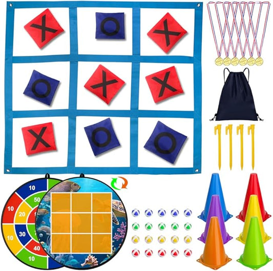 Carnival Games Set, Outdoor Giant Tic Tac Toe Games, Soft Plastic Cones Bean Bags Ring Toss Game Combo Set, 26" Dart Board with Sticky Balls for Kids Adults Family Indoor Lawn Yard Birthday Party