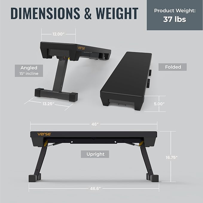 Verse Agile Folding Weight Bench – Compact & Portable Workout Bench for Home Gym – Heavy-Duty 1,000 lb Capacity, Foldable Flat Bench for Strength Training, Adjustable Decline Sit-Up Bench for Full-Body Workouts