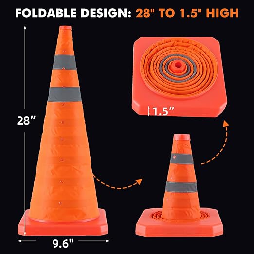 28 Inch 2 Pack Collapsible Traffic Safety Cones, Orange Cones with Reflective Collar, Portable Multipurpose Traffic Cones for Parking Construction Driving Training Sports Practice