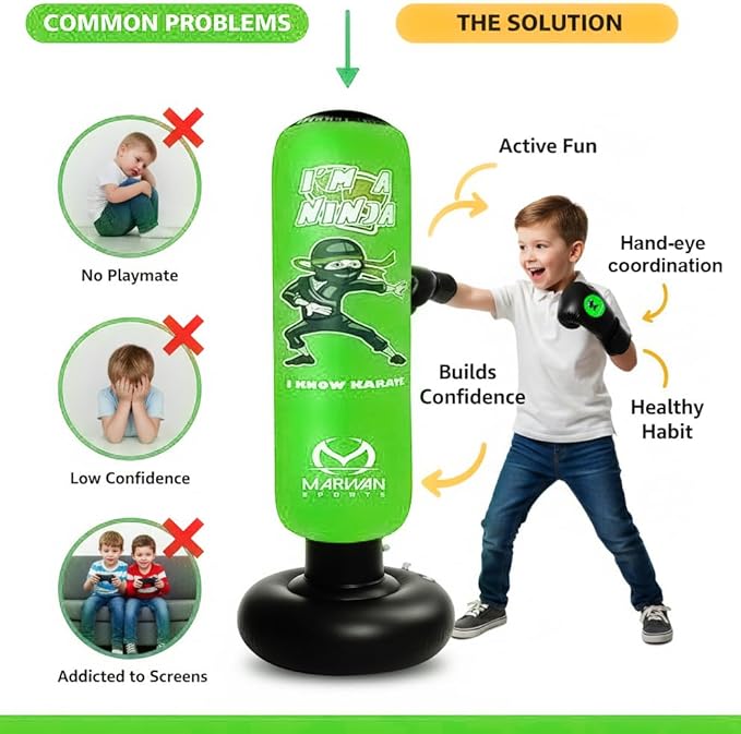 Marwan Sports 5-in-1 Inflatable Punching Bag for Kids – 63" Karate Toy Set with Boxing Gloves, Durable Fast Rebound, Active Play, Stress Relief Christmas/Birthday Gift for Boys & Girls Ages 4-12