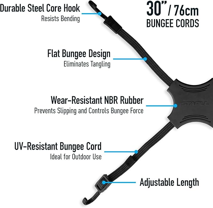 Tack Strap – 4-Way Flat Bungee Cord with Rubber Pad Grip, Non-Slip Tie Down Straps for Motorcycle, ATV, Kayak, Cycling, Camping, Truck Storage, Adjustable Bungee Cords - 2 Pack (Orange)