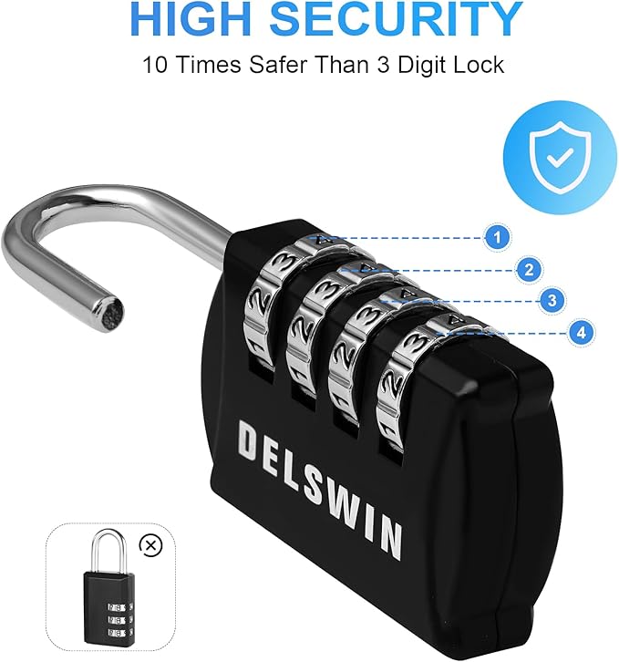 DELSWIN Small Combination Lock for Locker, 4-Digit Mini Combo Lock for Backpack and Luggage, Combination Padlock for School Gym Locker (Pack of 4)