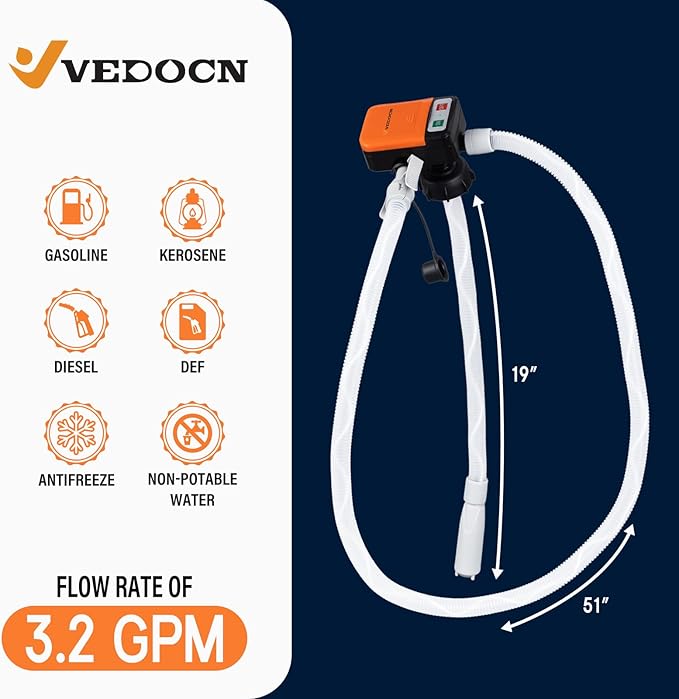 Automatic Fuel Transfer Pump with Auto-Stop, 51'' Extra Long Hose, 3.2 Gallon per Min, Fast and Safe Portable Gas Can Pump for Oil,Battery or USB Powered, 4 Can Adapters,Diesel,Gasoline (orange+Black)