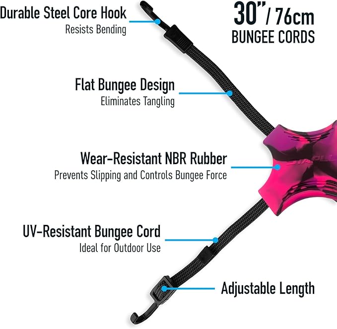 Tack Strap – 4-Way Flat Bungee Cord with Rubber Pad Grip, Non-Slip Tie Down Straps for Motorcycle, ATV, Kayak, Cycling, Camping, Truck Storage, Adjustable Bungee Cords - 2 Pack (Black & Pink)