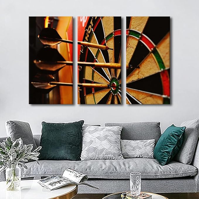 Large Sports Theme Modern 3 Panels Gallery Wrapped Dart Hits the Bullseye Giclee Canvas Prints Amazing Dart Plate Photo Paintings on Canvas Wall Art for Living Room Home Decor Ready to Hang(40"Wx60"H)