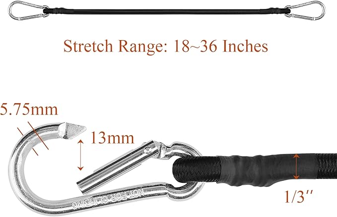 ZHOUBIN 18 Inch Black Bungee Cords with Carabiner Hooks, 4Pcs