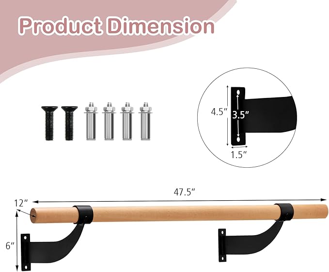 Goplus Wall Mounted Ballet Barre, 4 FT Solid Beech Wood Ballet Bar with Mounting Hardware, Traditional Single Dance Bar for Home Workout, Yoga, Stretching, Ballet Poses, 1.5 inch Dia