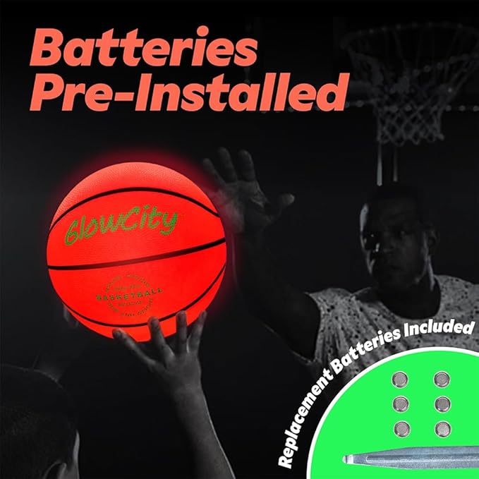 GlowCity Glow in The Dark Basketball - Sizes 5, 6, 7 Light Up Ball for Kids, Teens & Adults - Red Glow for Outdoor Games - Sports Birthday Gifts Ideas for Boys Ages 6 7 8 9 10 11 12 13 14