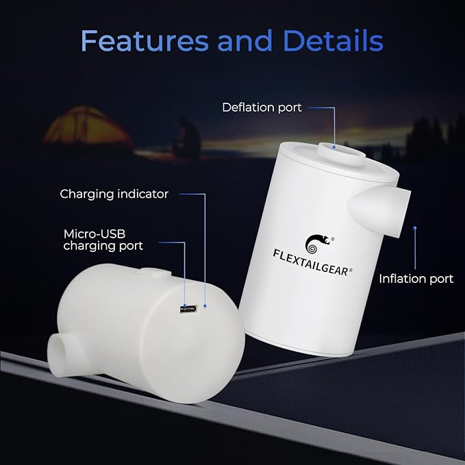FLEXTAILGEAR MAX Pump 2020 Portable Air Pump with 3600mAH Battery USB Rechargeable Air Pump-Quick Inflate Deflate for Sleeping Pads, Air Mattress, Pool Toys, Floats, Swimming Ring, Air Bed (White)