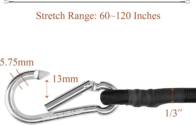 ZHOUBIN 60 Inch Black Bungee Cords with Carabiner Hooks, 2Pcs