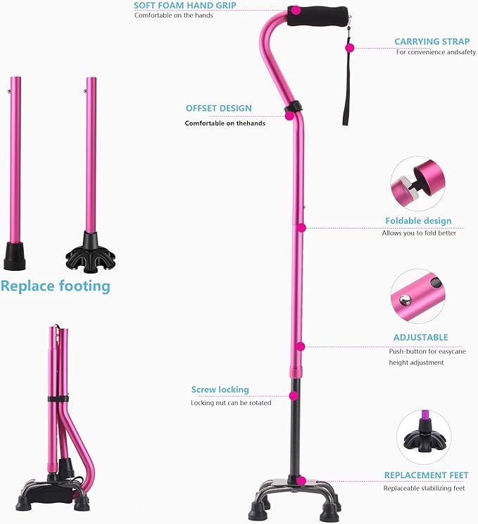 LIXIANG Walking Canes Stablize Women Quad Canes for Seniors & Adults Foldable Adjustable for Men & Women Heavy Duty Freestanding Cane for People with Leg Injuries 3 footings
