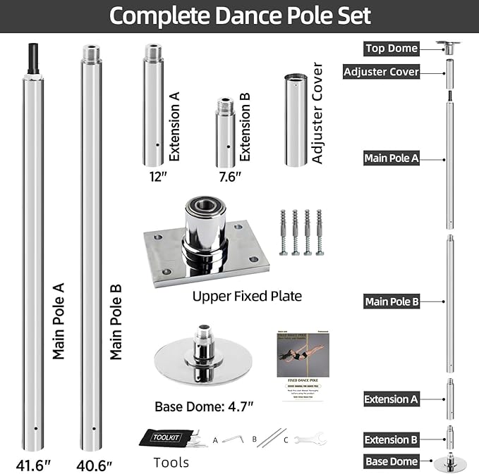 PRIOR FITNESS Permanent Fixed Dance Pole Kit, Professional 45mm Spinning & Static Dancing Pole Heavy-Duty Steel Pole Dance for Home, Adjustable Height Excellent for Home Exercise Studio Club Gym