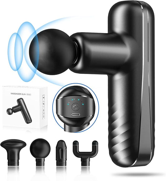 Mini Massage Gun for Deep Tissue Percussion - Portable Handheld Massager for Muscle Recovery with 4 Massage Heads High-Intensity Vibration Rechargeable Small Massage Gun