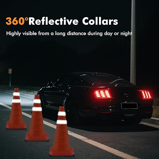 18 Inch 2 Pack Collapsible Traffic Safety Cones, Orange Cones with Reflective Collar, Portable Multipurpose Traffic Cones for Parking Construction Driving Training Sports Practice