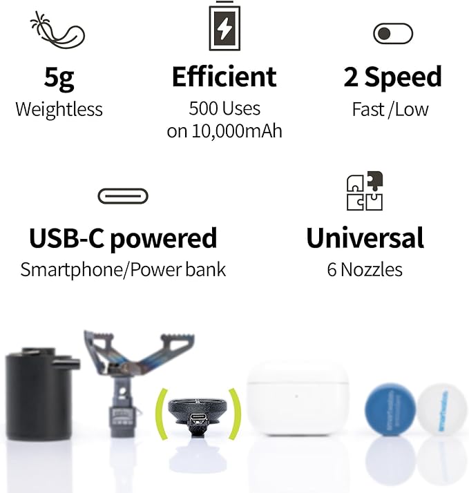 KINSUN Kin Pump Ultralight Air Pump for Sleeping Pads – 5g (0.18oz) Mini Electric Pump with Multiple Adapters for Inflatables, Camping & Backpacking