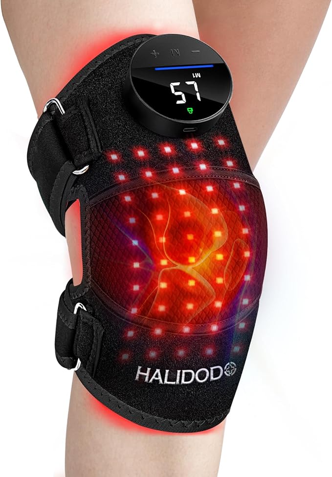 HALIDODO Red Light Therapy & Vibration Massage Knee Brace - Wireless Rechargeable Controller, 660nm&850nm Red Light Therapy Heated Device for Knee/Joint/Elbow/Shoulder Pain Relief, Black.