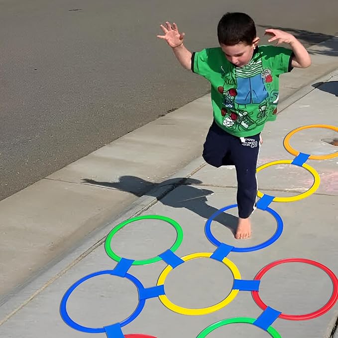 11in Hopscotch Rings-Hopscotch Game Hoops Circles with 15 Connectors for Kids Balance Agility Training Obstacle Course, Boys Girls Birthday Fun Play Indoor Outdoor Backyard Playground Activity