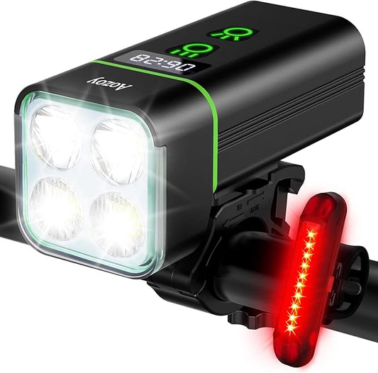 Bike Light Set USB Rechargeable - 5400mAh Bike Headlight & Taillight with Digital Display, 3 LED Super Bright 1600 Lumen 6 Lights Modes for All Bicycles, Road, Mountain, Night Riding