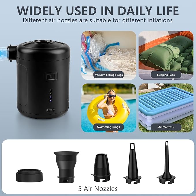 Portable Electric air Pump,Type-c Charging,Inflate Deflate for Pool Floats, Air Bed, Air Mattress Swimming Ring, Vacuum Storage Bags