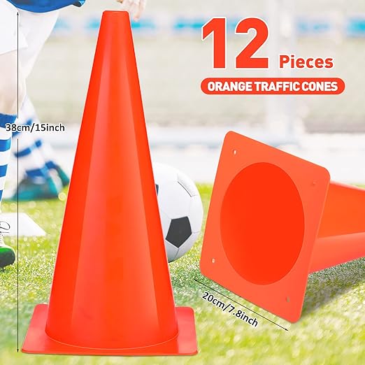Reginary 12 Pcs 15 Inch Parking Cones, Traffic Cones, Orange Road Safety, Plastic Cones for Parking Lot Driving Training, Soccer Basketball Drills Indoor Outdoor Activity Festive Event
