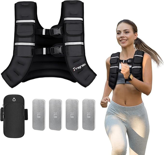 Fragraim Adjustable Weighted Vest for Women Men, 8-12lb/14-18lb/20-24lb/26-30lb Weight Vest with 4 Removable Iron Weights, Phone Holder and Back Pocket, Vest for Walking,Strength Training, Running