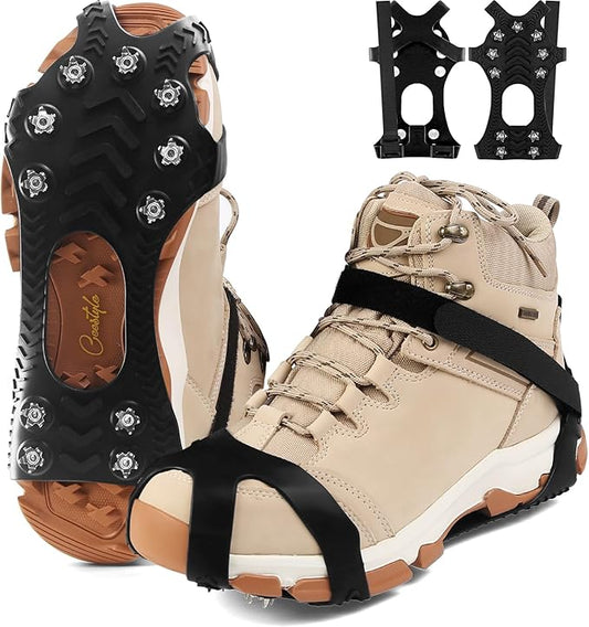 11 Spikes Crampons, Upgraded Version Stainless Steel Anti-Slip, Ice Cleats Grips for Hiking Shoes and Boots, Hiking Fishing Walking Mountaineering