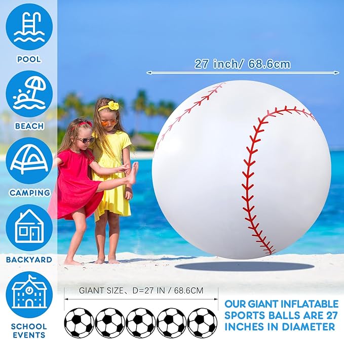 Lewtemi Giant Inflatable Sports Balls Large Inflatable Beach Ball Baseballs Soccer Rainbow Basketball Football for Sport Birthday Party Favor(2 Pcs,Baseball, Football,27 Inch)