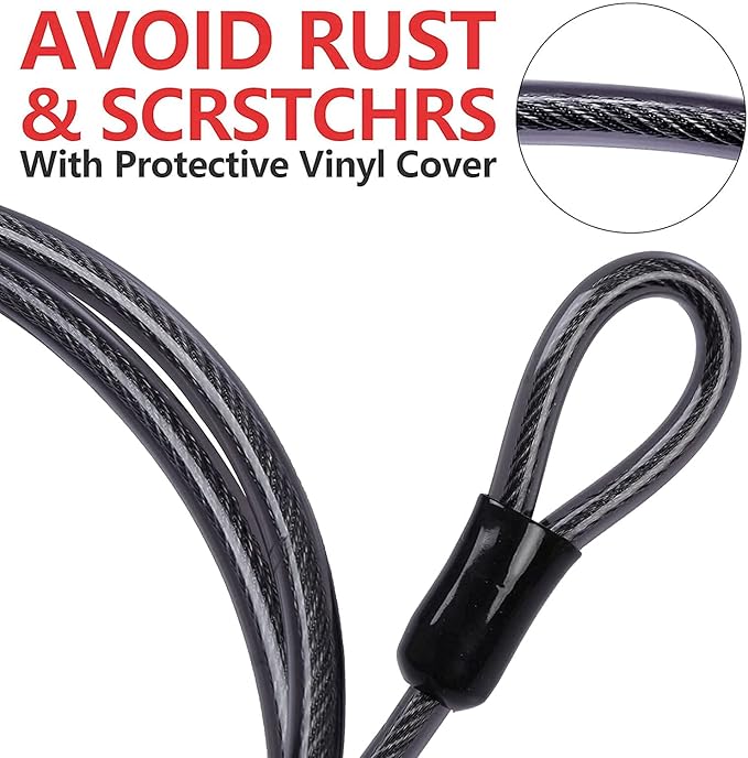 DELSWIN Security Steel Cable with Loops - 6ft, 15ft Heavy Duty Bike Steel Cables 3/8 inch Thick Vinyl Coated Braided Lock Cable for Bicycle, Generator, Kayak, Patio Furniture