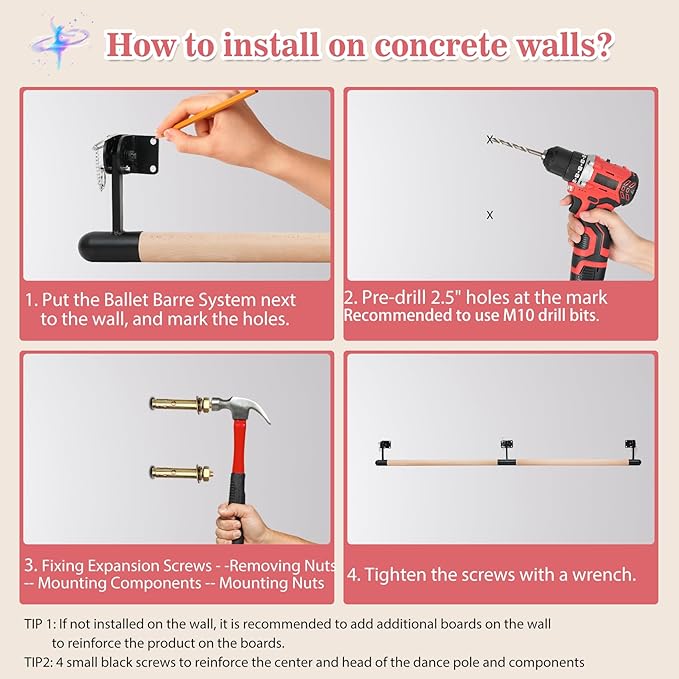 Ballet Barre Wall Mounted, Adjustable Wood Ballet Bar, 6ft Ballet Barre for 2 people, Traditional Wooden Ballet Barre System for Home Barre Workout Equipment, Height Adjustable, for Kids and Adults