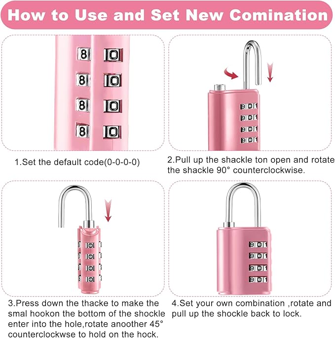 Kenning Combination Padlock 4 Digit Combination Lock with Keys Locker Resetable Security Outdoor Waterproof Gate Lock for School Sports Gym Locker Employee Fence Case (Pink,10 Pcs)