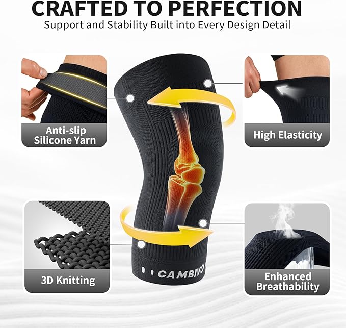 CAMBIVO Elite Motion Series Knee Brace for Women and Men (2 Pack), Ultra-Thin Lightweight Knee Compression Sleeve with Reflective Design for Pain Relief, Running, Workouts, Daily Use (Black, Medium)