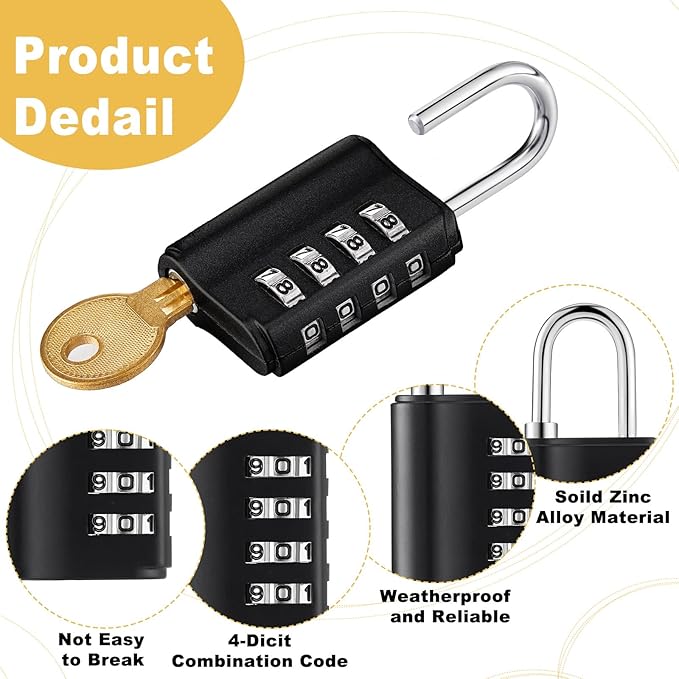 Kenning 10 Pcs Combination Padlock 4 Digit Combination Lock with Keys Locker Resetable Security Outdoor Waterproof Gate Lock for School Sports Gym Locker Employee Fence Case (Black)