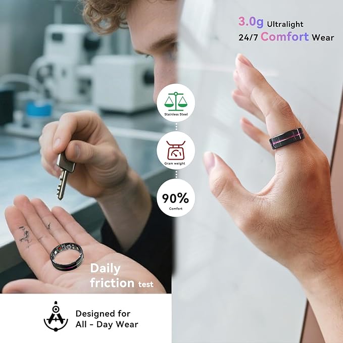 Smart Ring for Women Men,Health Fitness Tracker with Sleep/Blood Pressure/Oxygen Monitoring, Heart Rate & Activity Tracking,IP68 Waterproof, 7-Day Battery,No Subscription Fee 3-Black 9