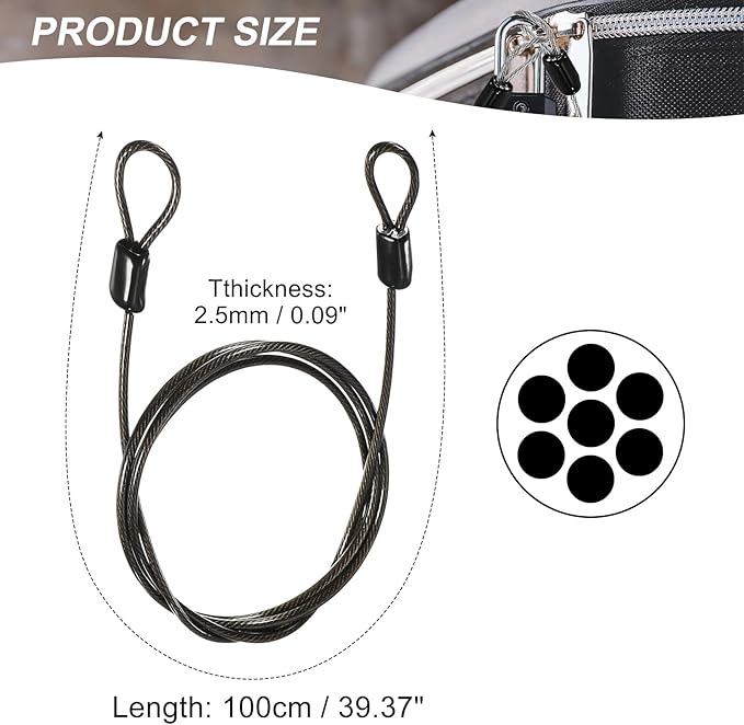 MECCANIXITY Security Steel Cable Lock, Safety Cable Flexible Wire Rope Luggage Lock 3.3feet 2.5mm Vinyl Coated Braided Steel with Double Loop for Bike Bicycle U-Lock Padlock Grey