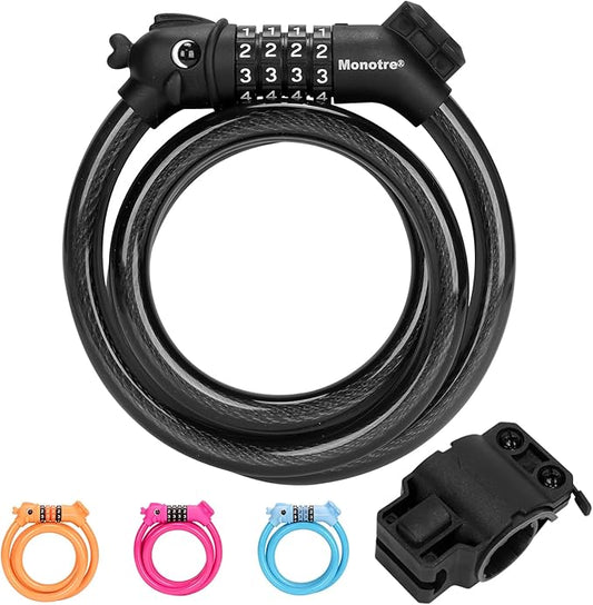 Bike Lock, 3.9 Feet 4-Digit Resettable Combination Password Anti-Theft Cable Lock, Cute Coiled Bike Locks with Mounting Bracket, Suitable for Bicycles, Electric Scooters, Ebikes (Black-10mm)