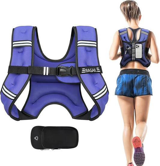 BAGAIL Weighted Vest, 5lbs/8lbs/10lbs/12lbs/15lbs/20lbs/25lbs/30lbs Weight Vest with Detachable Phone Pouch, Rucking Vest for Women, Men, Walking, Weight Loss, Training, Running