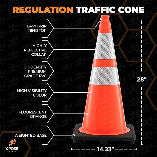 Xpose Safety 28 Inch Orange Traffic Cones with 6" & 4" Collar, 8-Pack - Multipurpose PVC Plastic Safety Cone for Parking, Soccer, Caution, Kids and Construction - DOT Approved