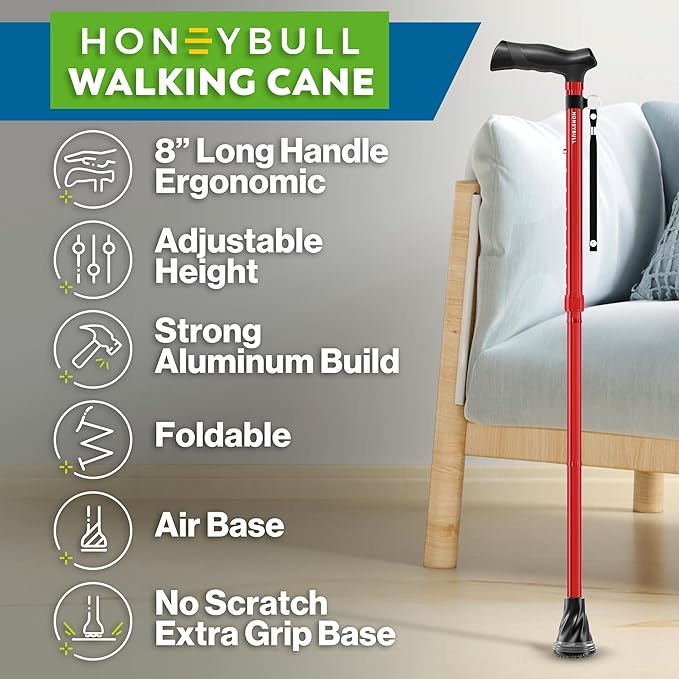 HONEYBULL Foldable Walking Cane for Seniors & Adults – Adjustable 8 Height Settings 30-37", Lightweight Collapsible Cane with Air Cushion Tip, Ergonomic Comfort Grip & Wrist Strap