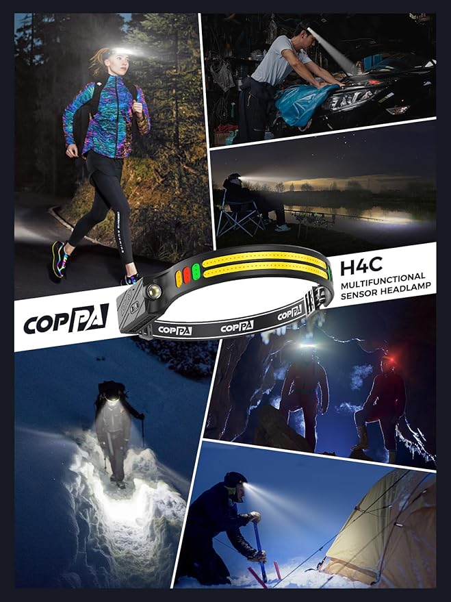 COPPA Headlamp, H4C Headlamp Rechargeable 1Pack with White & Yellow & Red & Green Floodlight & Spotlight Mini Portable with Motion Sensor Super for Camping Running Fishing Climbing Hiking Maintenance