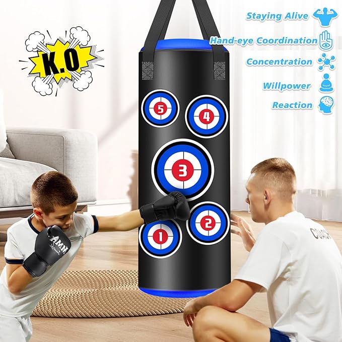 Hanging Punching Bag for Kids, 2FT PU Leather Kicking Bag with Boxing Bag Gloves, Heavy Bag Boxing Equipment for Training Karate Muay Thai Kick Taekwondo(Unfilled)