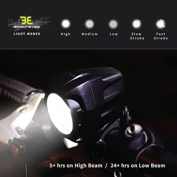 BRIGHT EYES Helios Fully Waterproof 1600 Lumen Rechargeable Mountain, Road Bike, MX Headlight, 6400mAh External Battery (Now 4+ Hours on Bright Beam) - Included: Free Diffuser Lens and Free Taillight