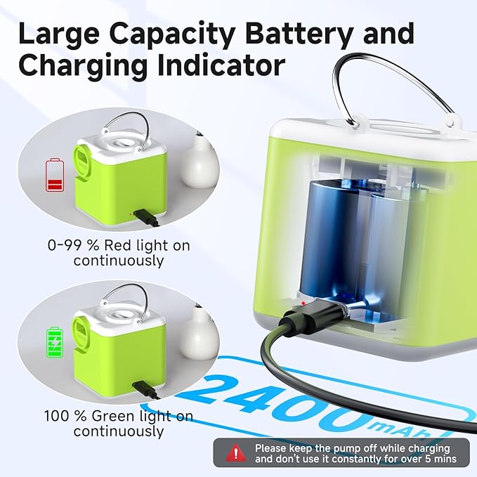 Portable Air Pump for Inflatables, 4.5kPa Mini Air Mattress Pump with Camping Light, 2400mAh Battery Rechargeable Air Pump for Pool Floats, Sleeping Pads, Swimming Ring, Vacuum Storage Bags